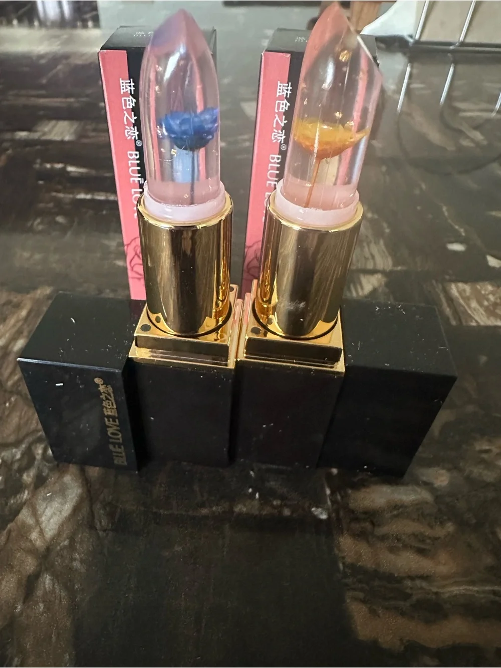 Floral Jelly Lipstick — Pink Tint with Blue & Gold Flower Accents
